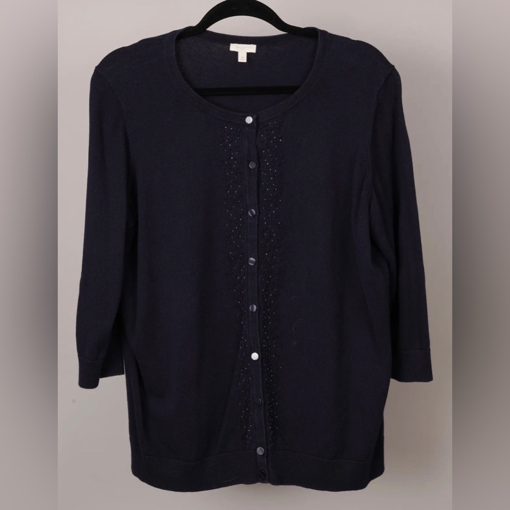 Talbots Woman Navy Blue 100% Cotton Cardigan Beaded Trim Size 1X